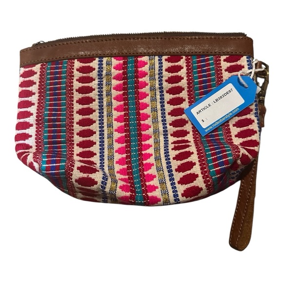 Carolina Jacquard & Leather Wristlet Clutch / Cosmetic Bag - Tan - Picture 3 of 6